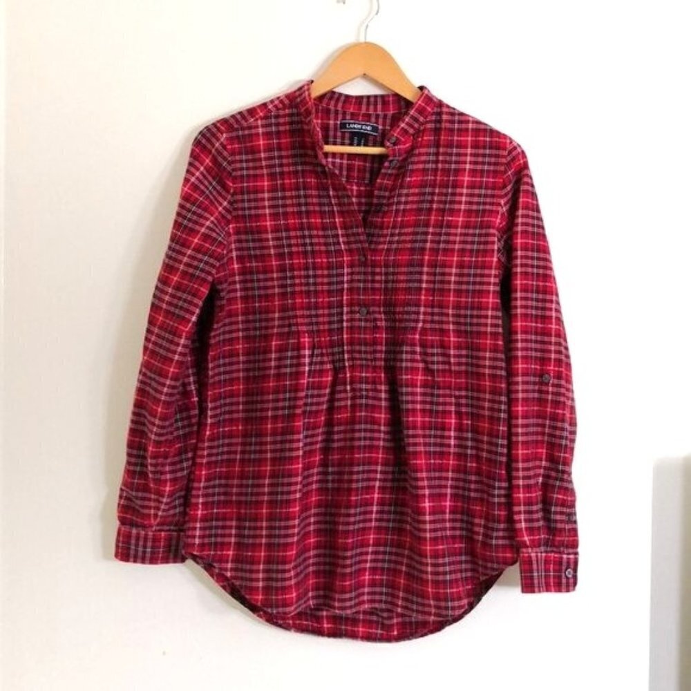New‎ Land’s End Cotton Plaid Pintuck Roll Tab Sleeve Blouse Size 6